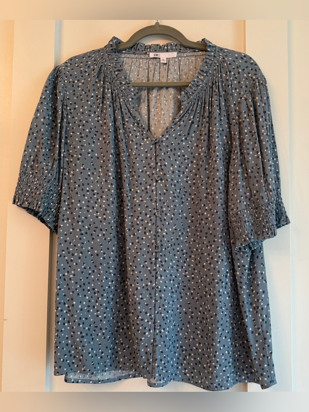 DR2 Dusty Blue Polka Dot Button-Front Blouse